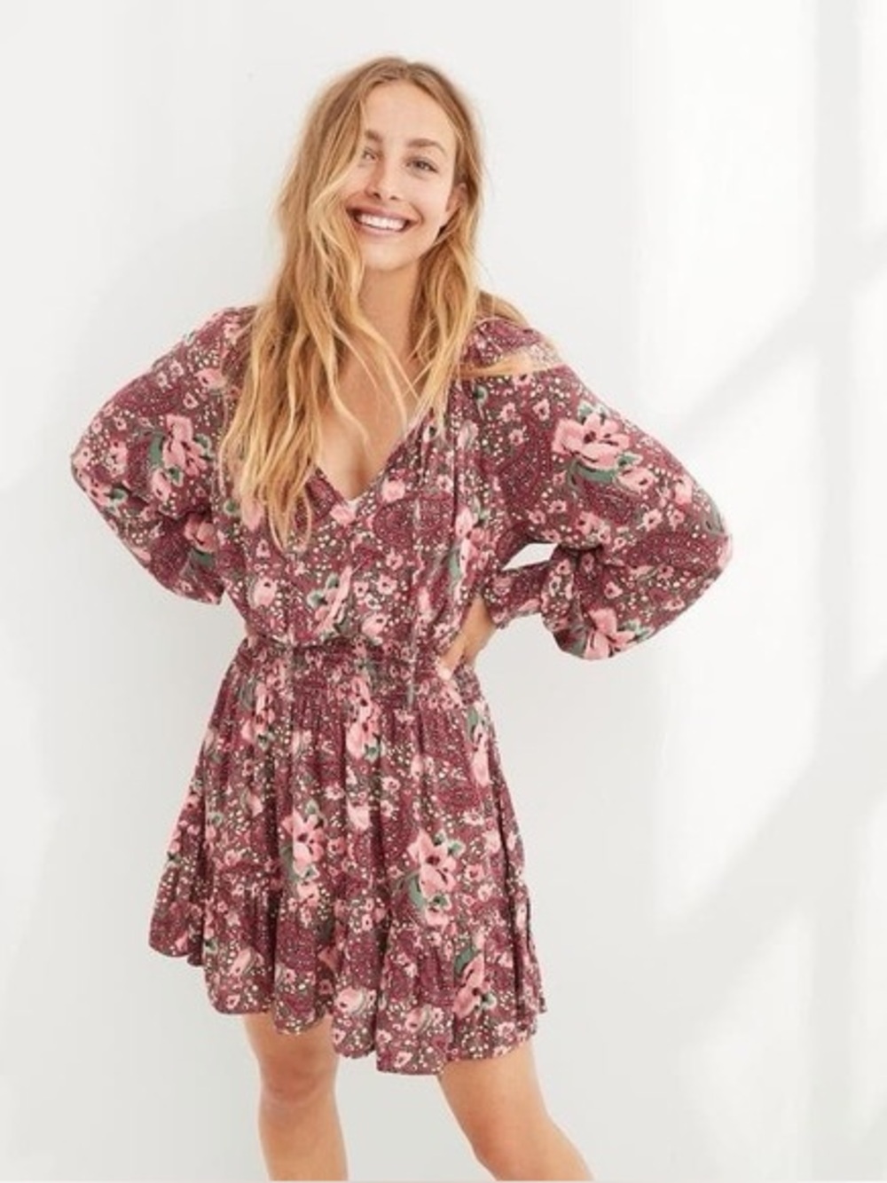 Aerie Floral Printed Long Sleeve Mini Dress